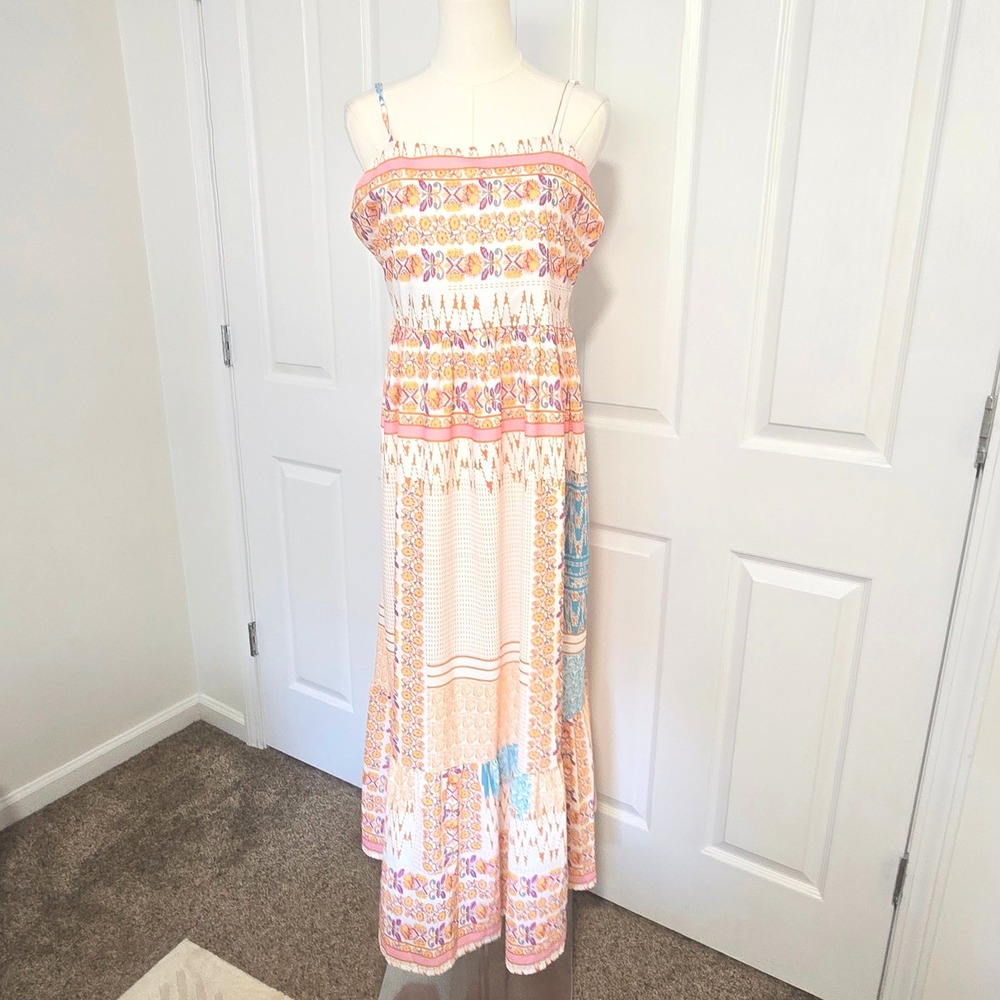 Unbranded Maxi Dress Womens XL Multicolor Patchwork Smocked Tiered Boho Boho